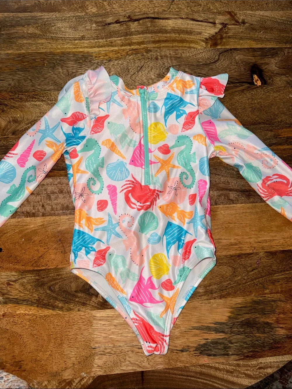 Girls' Colorful Sea Life Ruffle Long Sleeve One-Piece Swimsuit